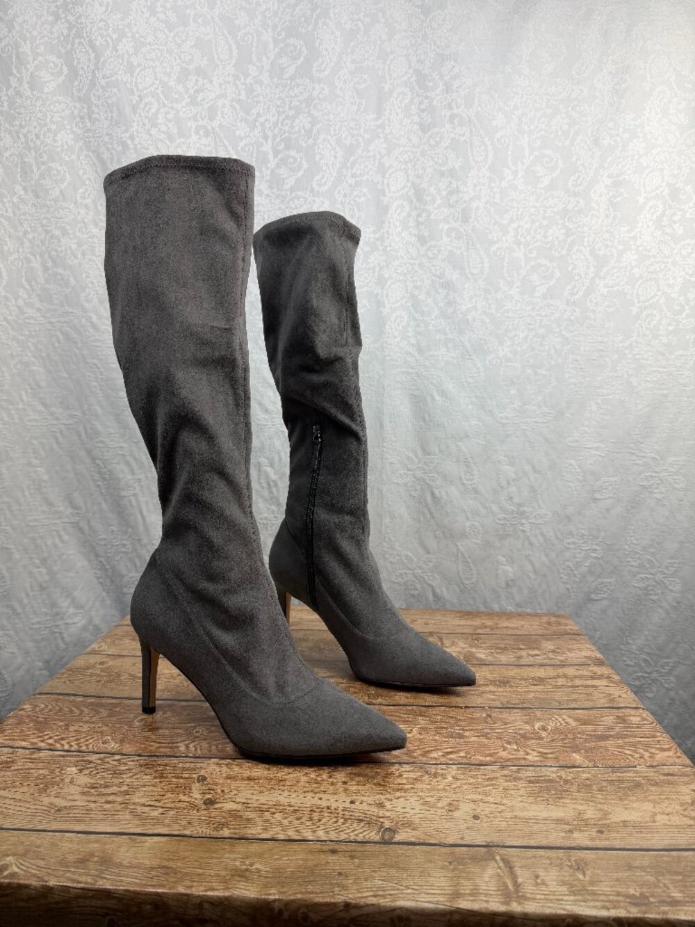 Nine West Women’s Gray Suede Knee High Boots Pointed Toe Stiletto Heel New
